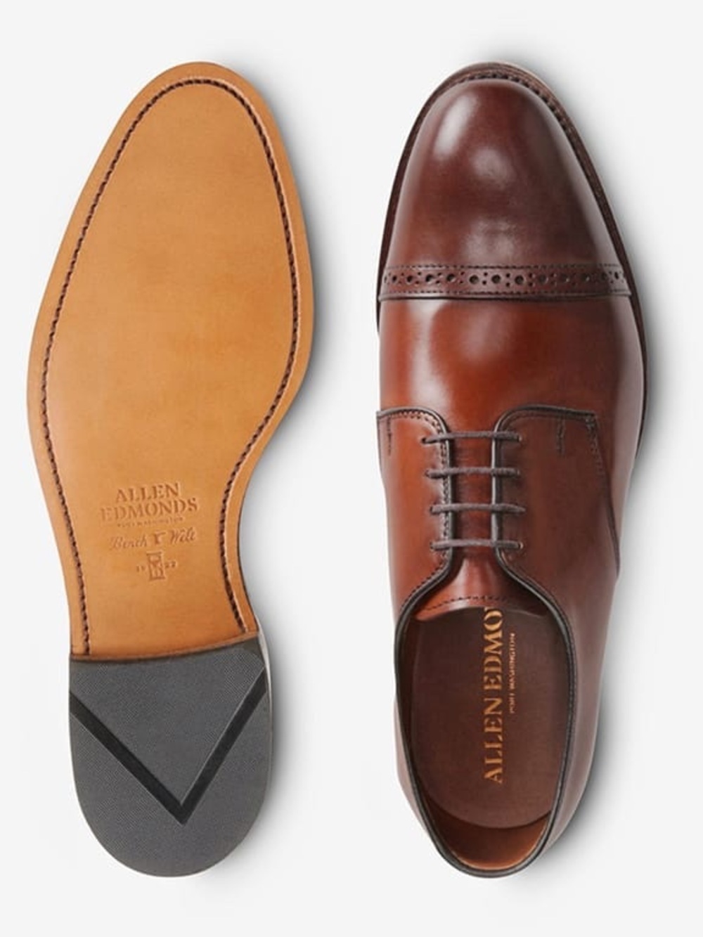 Allen Edmonds Cognac Brown Leather Cap-Toe Oxford Shoes